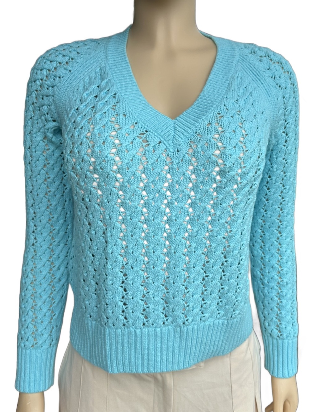 Talbots Aqua Openwork V-Neck Sweater